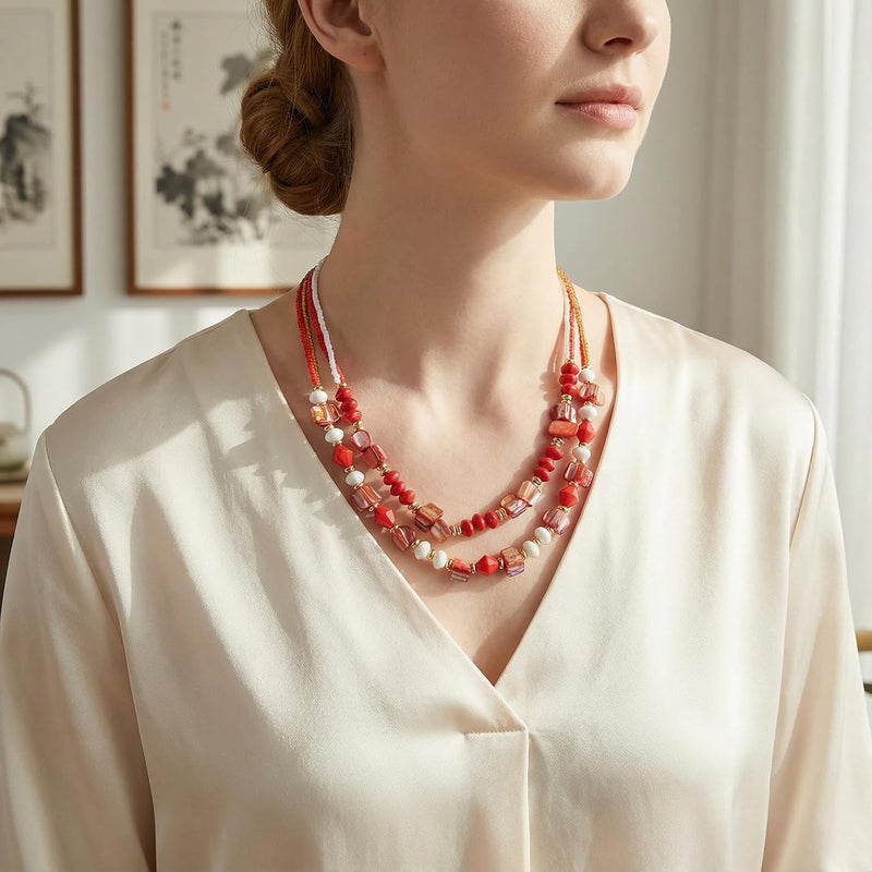 Coiris Layered Shell Beaded Necklaces for Women Handmade Boho Colored Bead Choker Necklace Holiday Style Costume Jewelry for Women - Image 2